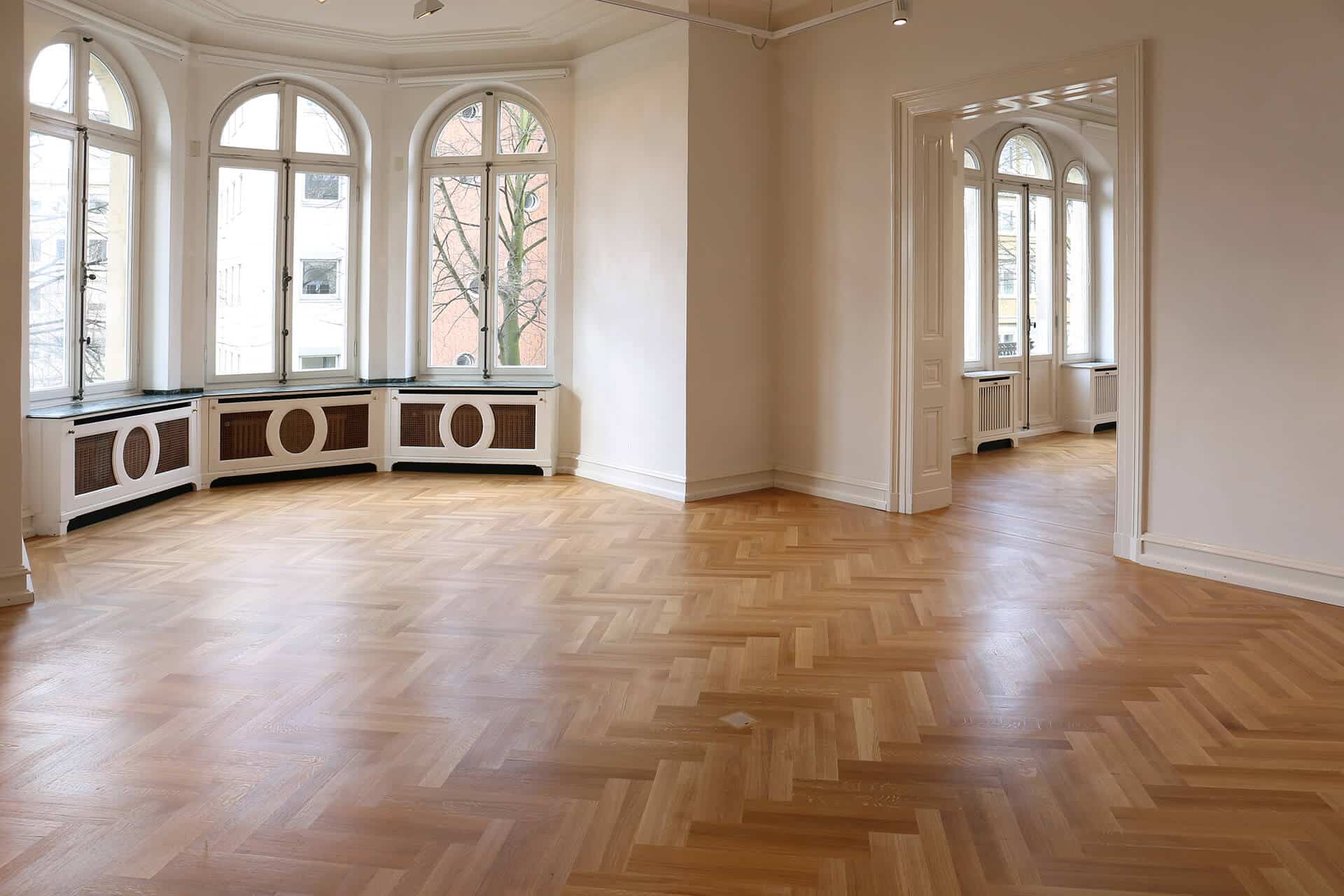 Stave parquet laid as herringbone in museum