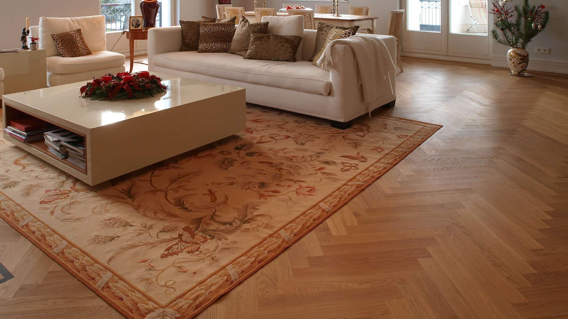 Solid oak strip parquet in living room
