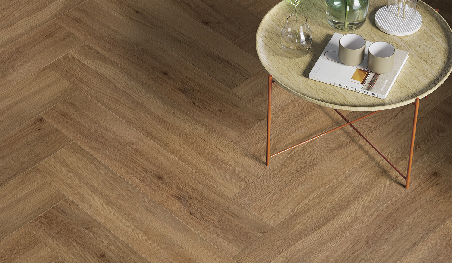 Designboden Gerflor Holzoptik "Quartet" als Fischgrat mit Beistelltisch