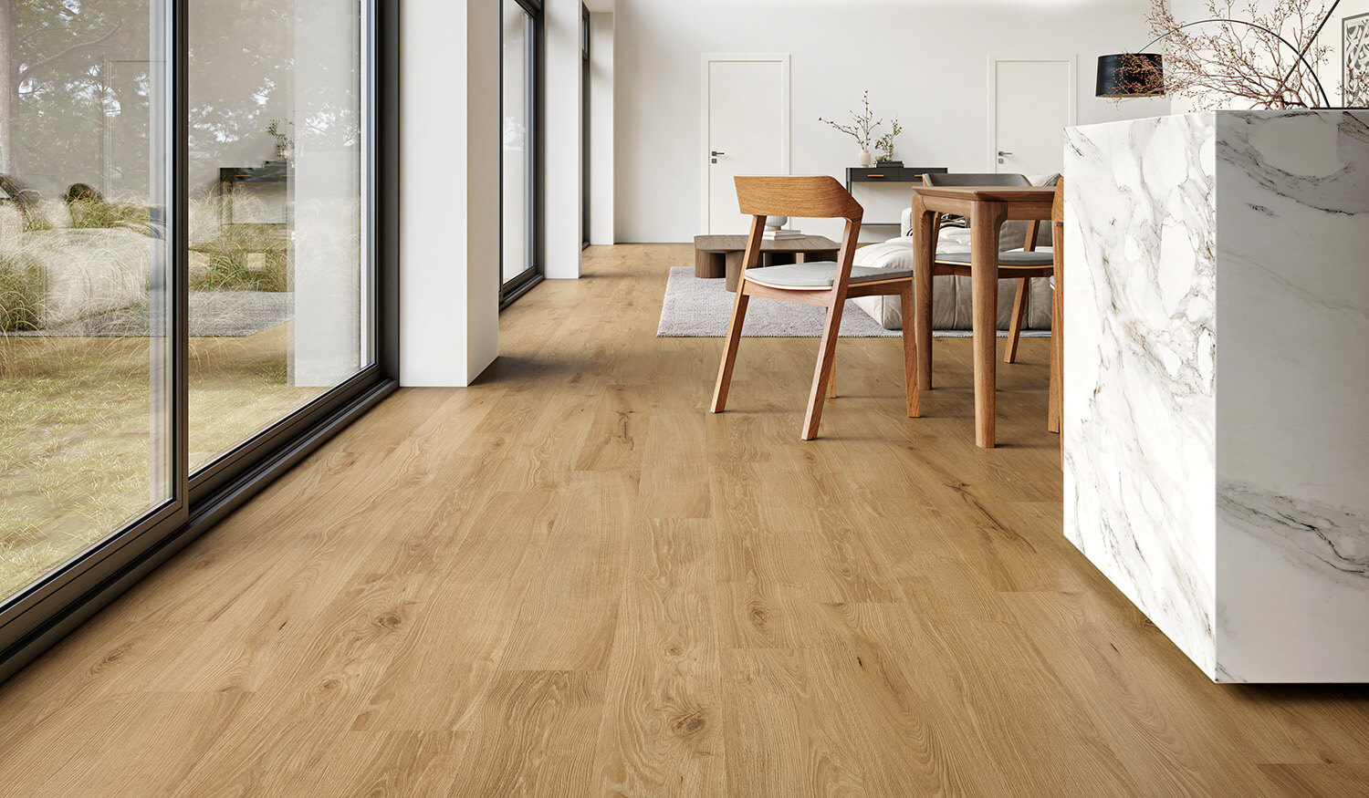 Designboden Ebenbild Rhön in natürlichem Holzton in hellem Wohnzimmer