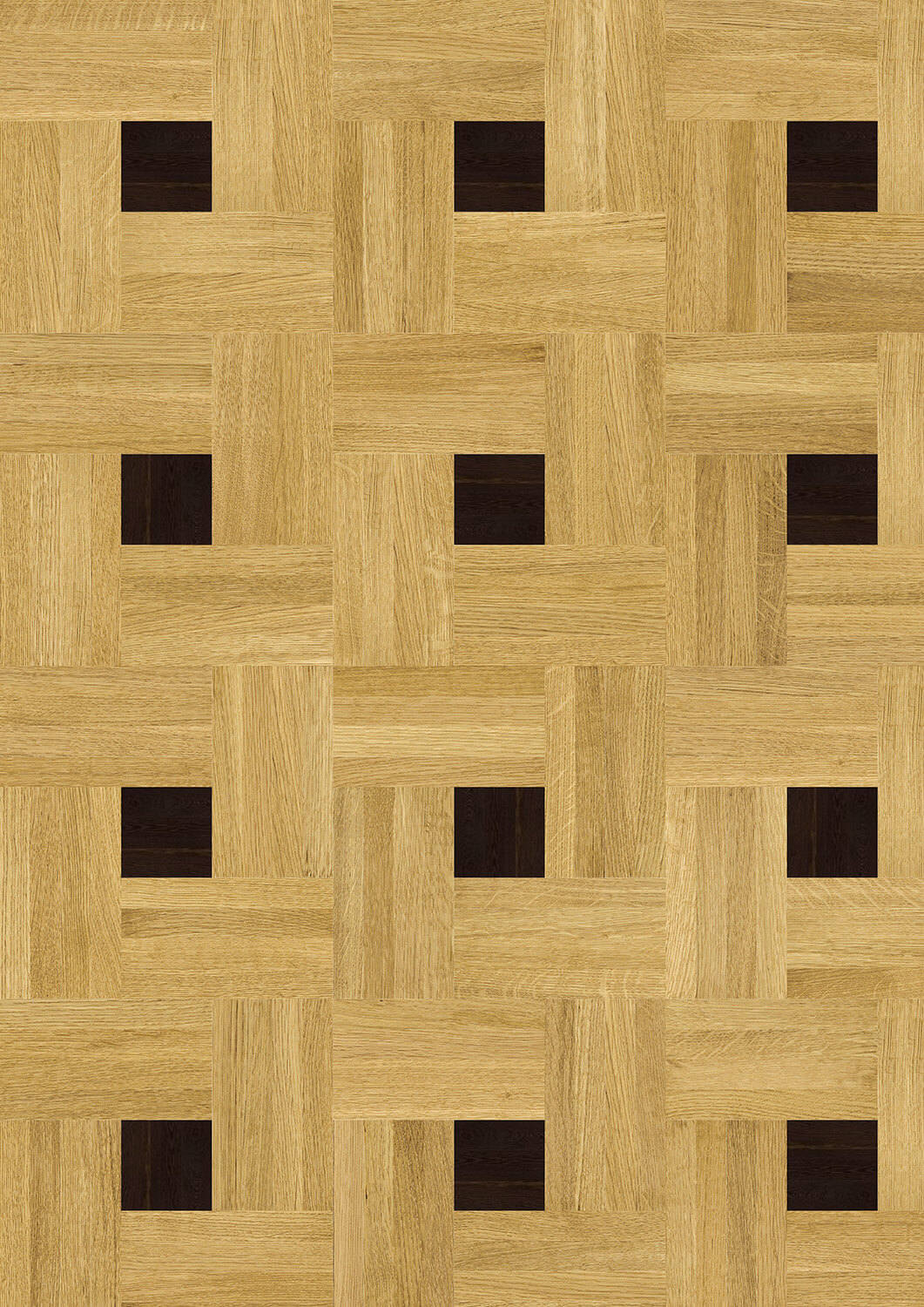 Draufsicht von Meisterparkett in bräunlicher Eiche mit dunklem Würfel aus Wenge