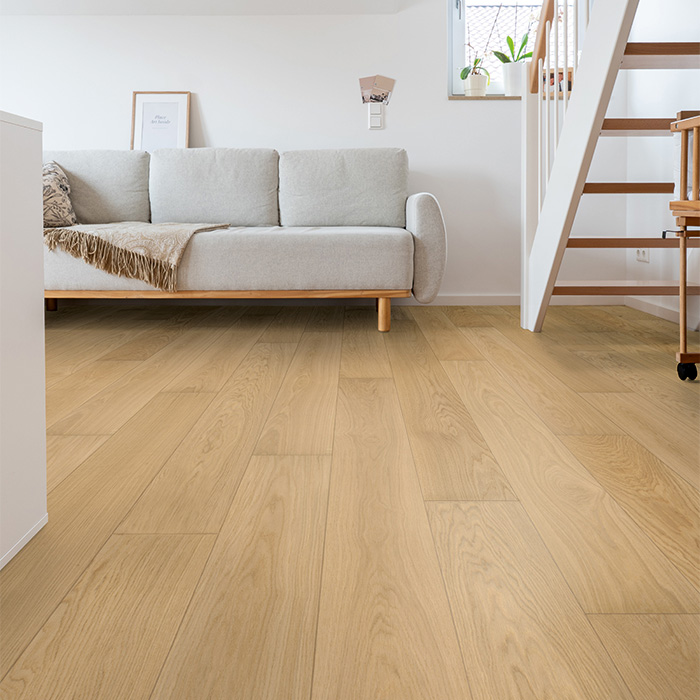 Raumbild mit heller ruhiger Landhausdiele, einer Treppe sowie einer grauen Couch