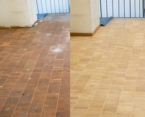 Vorher-Nachher Vergleich Parkettaufarbeitung Hamburg: Links abgenutzter Parkettboden mit Gebrauchsspuren, rechts professionell geschliffener und versiegelter Parkettboden von Bembe