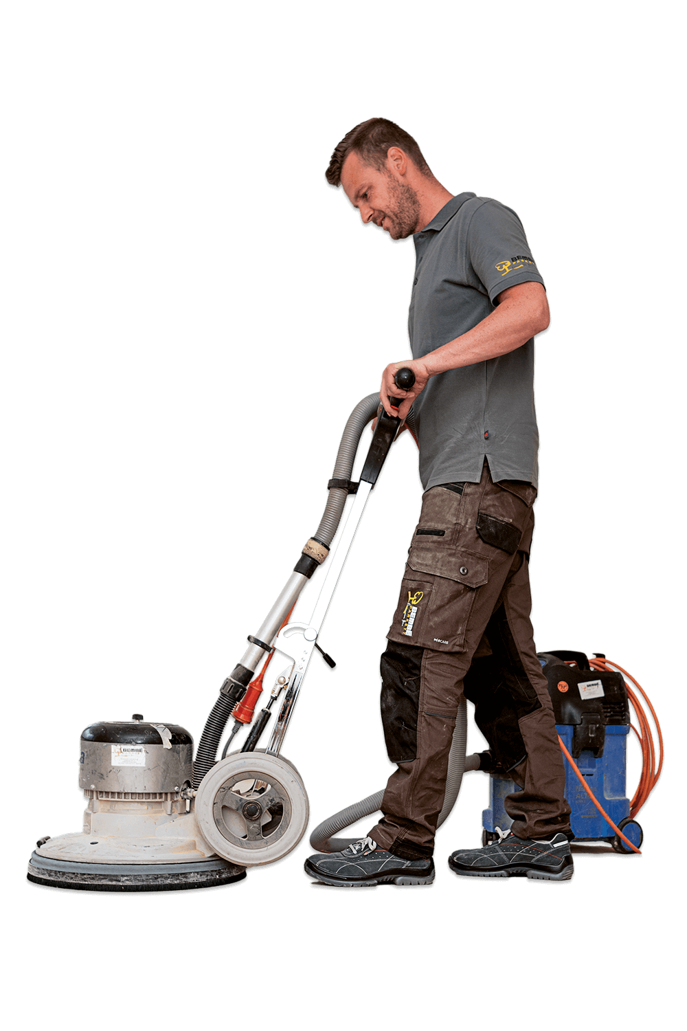 Professionelles Parkett schleifen mit einer Einscheibenschleifmaschine Ein Handwerker in Arbeitskleidung bedient eine professionelle Einscheibenschleifmaschine. Zur sauberen Arbeit ist ein blauer Industriesauger direkt mit der Schleifmaschine verbunden, um den Schleifstaub sofort abzusaugen