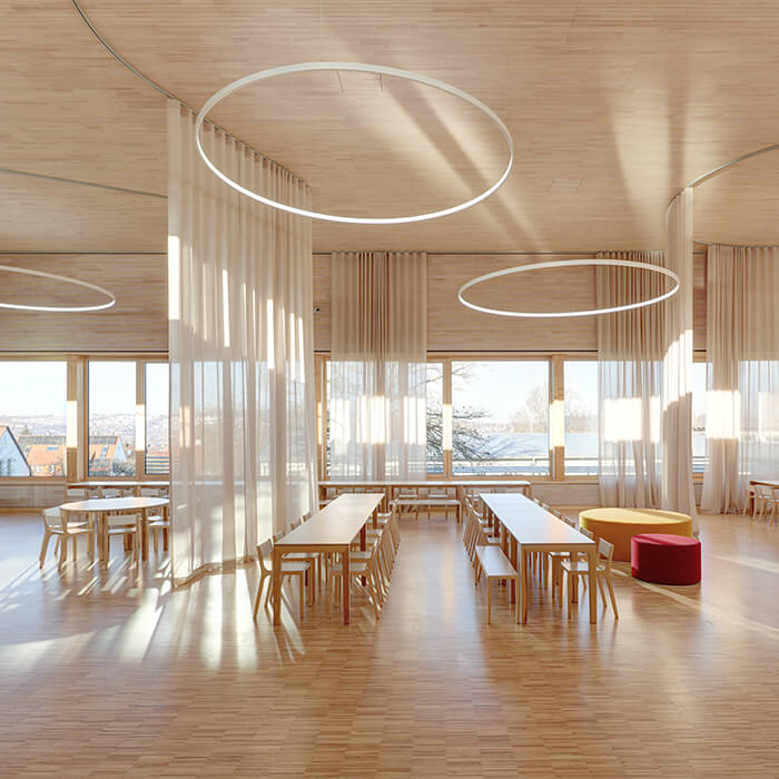 Visualisierung Mensa Syrlin Grundschule Ulm mit Hochkantlamellenparkett Esche und Ringleuchten