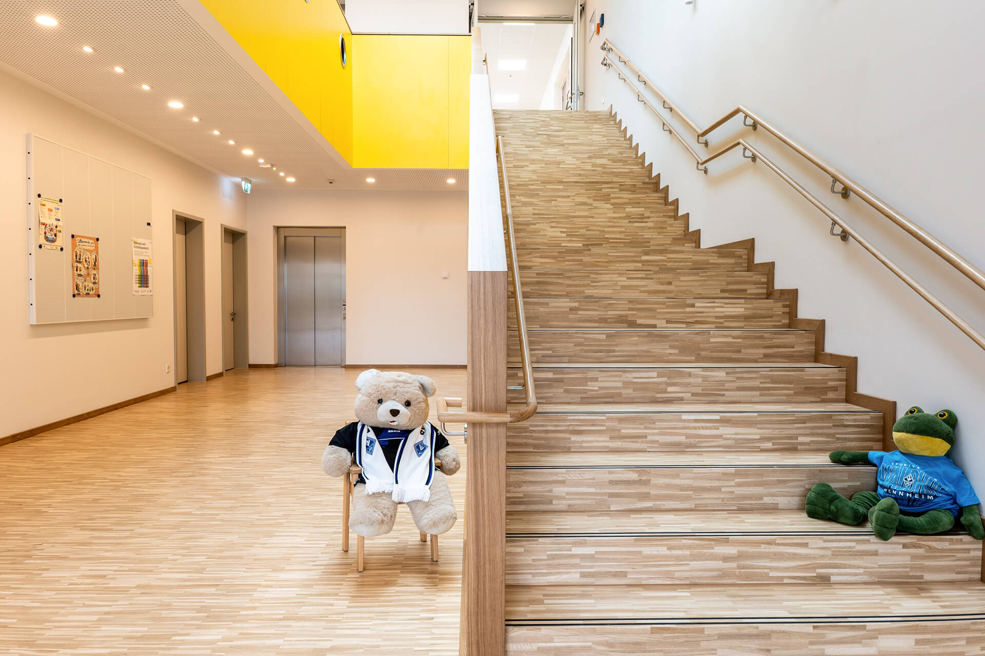 meisterparkett-eiche-gestreift-englischer-verband-kiga-ladenburg-5 Teddybär und Plüschfrosch in SV Waldhof Mannheim Trikots auf Eichenparkett und Treppenstufen im Kindergarten St. Johannes Ladenburg